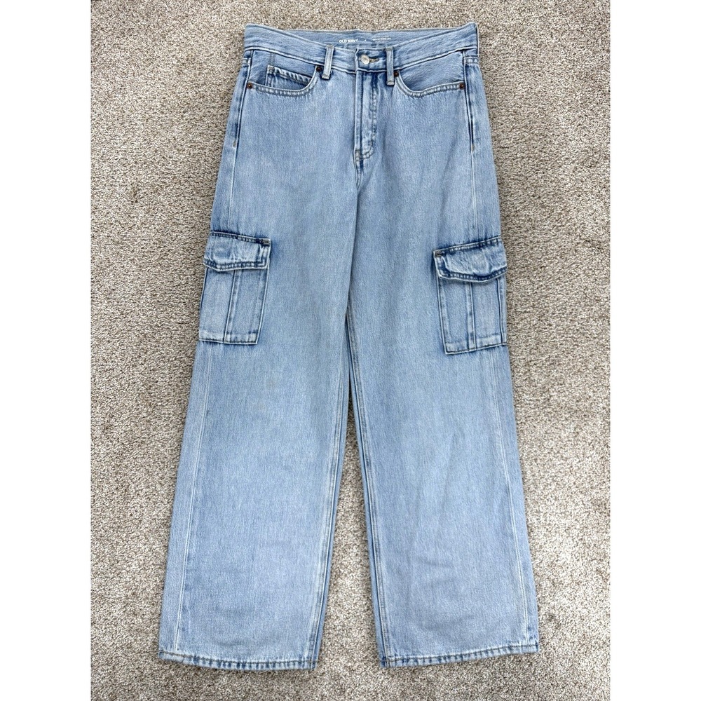 Old Navy Sky-Hi Wide Leg Drapey Cargo Jeans Women's 4 Blue Secret Smooth Pockets